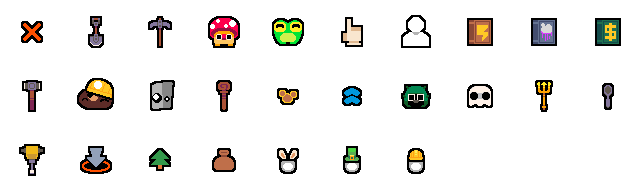 Dirt Clicker tool and upgrade icons arranged as a progression reference