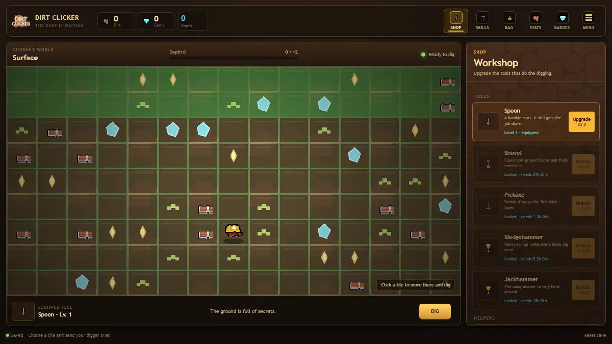 Actual Dirt Clicker game board with a surface grid, collected items, a digger, and tool upgrades