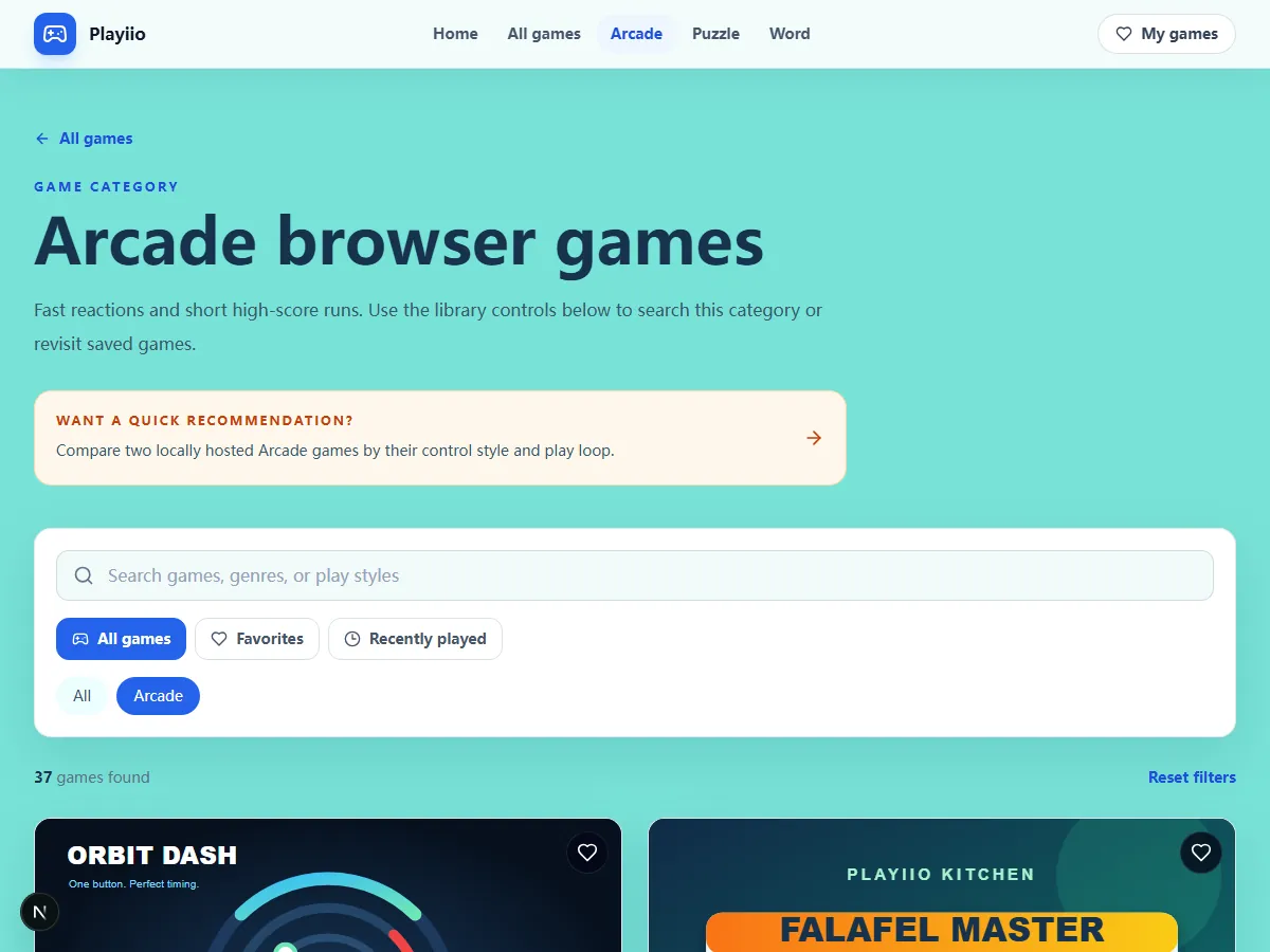 Playiio Arcade games category with its search controls and browser-game cards