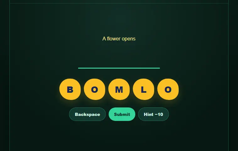 Word Bloom gameplay capture showing scrambled letter buttons and submit controls
