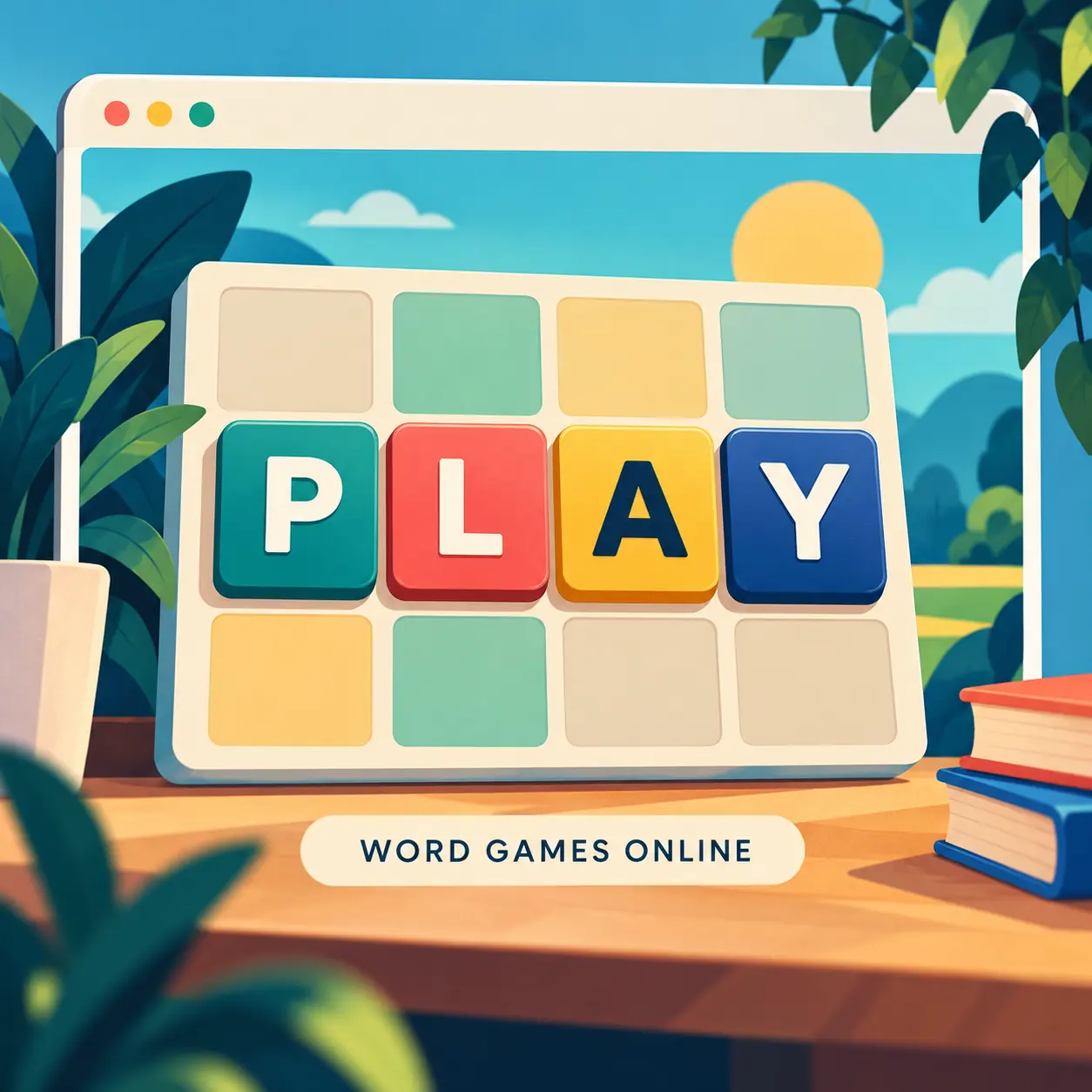 Editorial illustration for word games online with colorful letter tiles in a browser puzzle